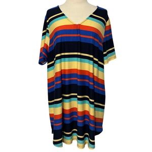 Honeyme Curvy XXXL Multicolor Striped V Neck Tunic‎ Top Shirt Dress Made in USA